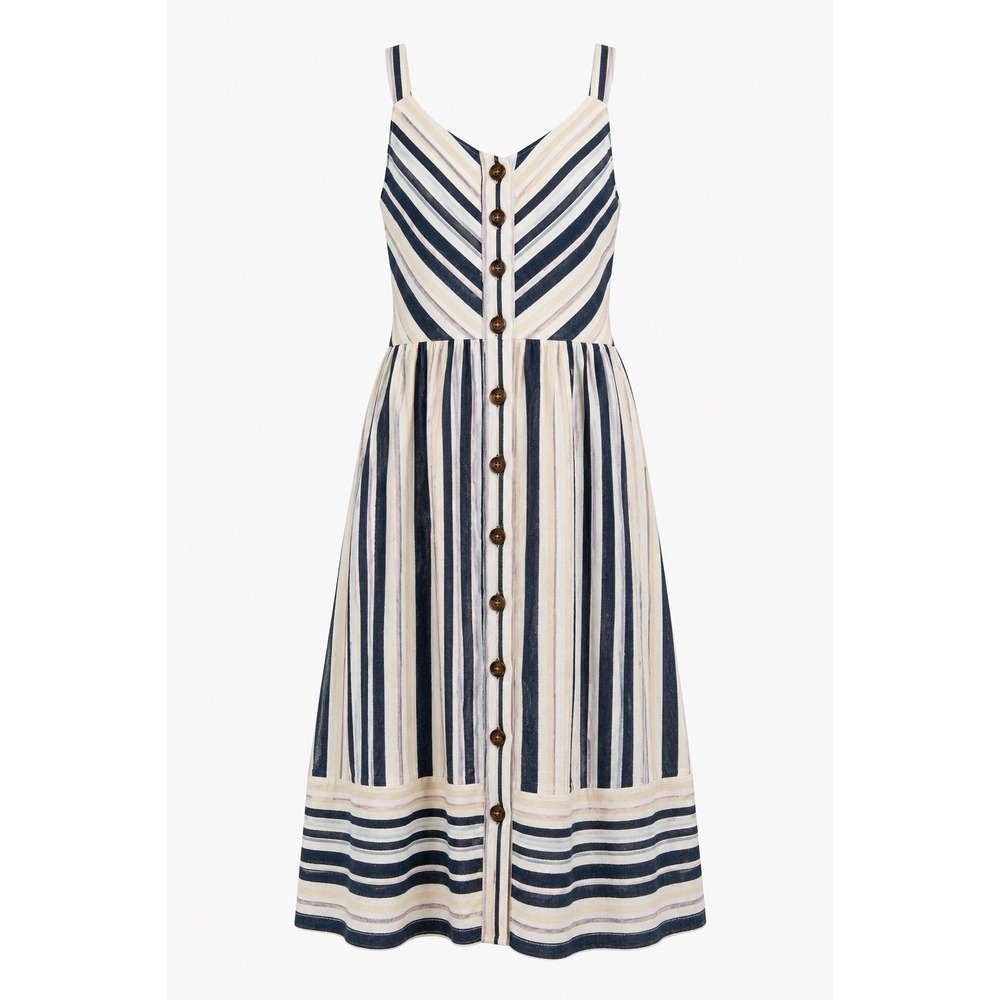 Striped Linen Blend Midi Dress Womens M Coastal Farmhouse Beachy Boho Vacation